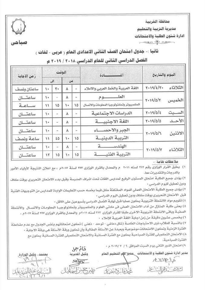 جداول امتحانات الترم الثاني 2019 محافظة الغربية  8251