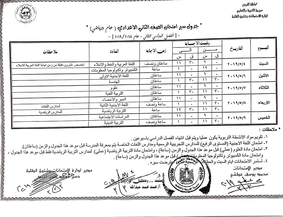 جداول امتحانات الترم الثاني 2019 محافظة الفيوم  8253