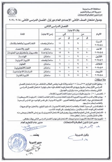 جداول امتحانات الترم الثاني 2019 محافظة الاسماعيلية  8259