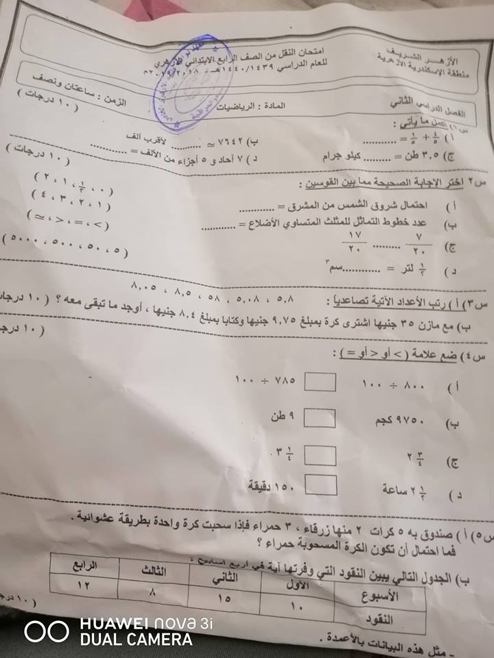 امتحان الرياضيات للصف الرابع الابتدائي ترم ثاني 2019 منطقة الاسكندرية 8286