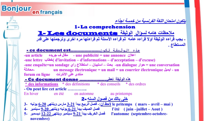 مراجعة ليلة الامتحان في اللغة الفرنسية للثانوية العامة + نموذج الاجابة مسيو/ محمد الجوهرى 8623