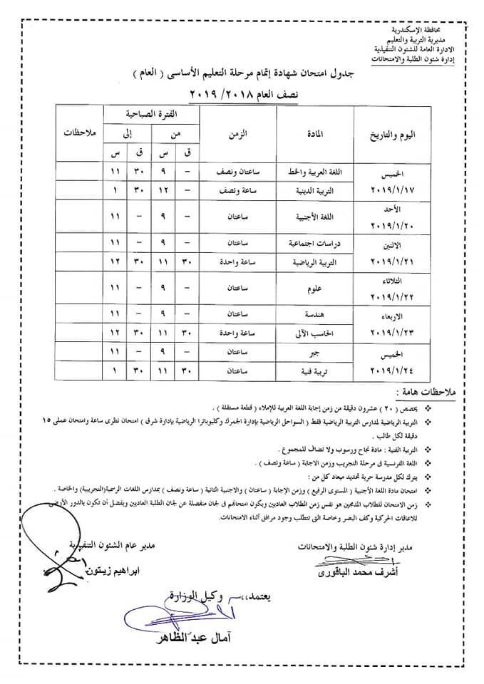  محافظة الاسكندرية: جداول امتحانات الفصل الدراسي الاول نصف العام 2019 9122