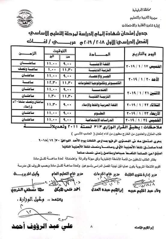 جداول امتحانات محافظة الدقهلية الترم الاول نصف العام 2019  9123