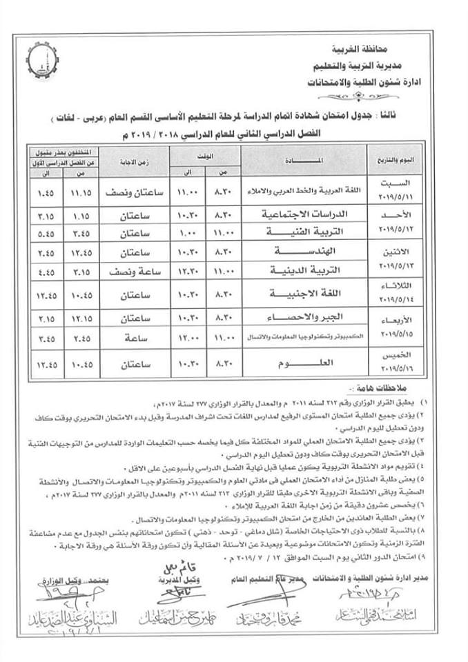 جداول امتحانات الترم الثاني 2019 محافظة الغربية  9191