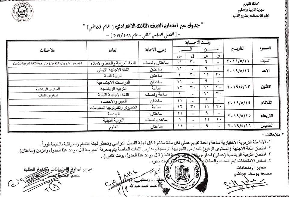 جداول امتحانات الترم الثاني 2019 محافظة الفيوم  9193