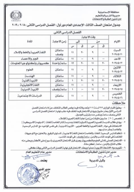جداول امتحانات الترم الثاني 2019 محافظة الاسماعيلية  9199