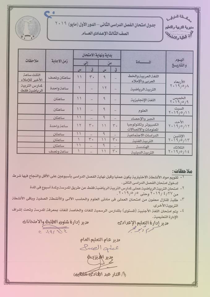 جداول امتحانات الترم الثاني 2019 محافظة المنوفية 9206