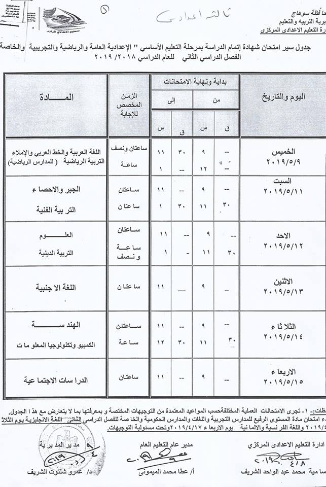 جداول امتحانات الترم الثاني 2019 محافظة سوهاج  9215
