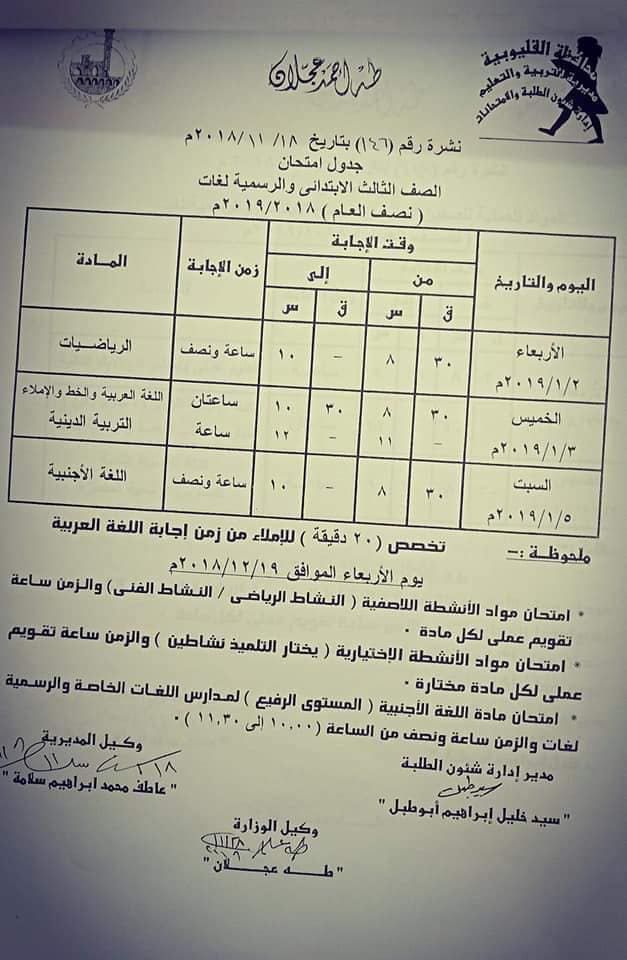  جداول امتحانات الصفوف الابتدائية ترم أول 2019 لمحافظة القليوبية Aao_ao19