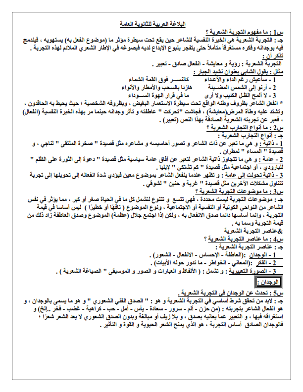 مراجعة البلاغة للثانوية العامة س و ج في 8 ورقات فقط