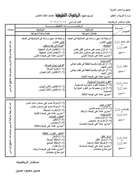 توزيع منهج الاستاتيكا للصف الثالث الثانوي 2019