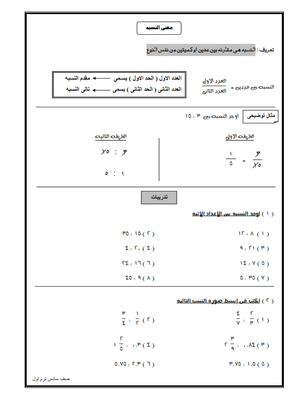 مراجعة الرياضيات للصف السادس ترم أول 2020