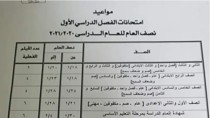 جدول امتحانات الترم الأول محافظة الجيزة 2020 / 2021 Screen54