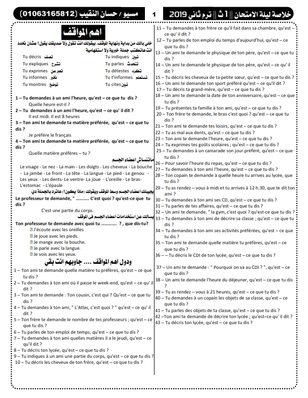 خلاصة مراجعة ليلة امتحان اللغة الفرنسية للصف الاول الثانوي ترم ثاني في 5 ورقات مسيو حسان النقيب