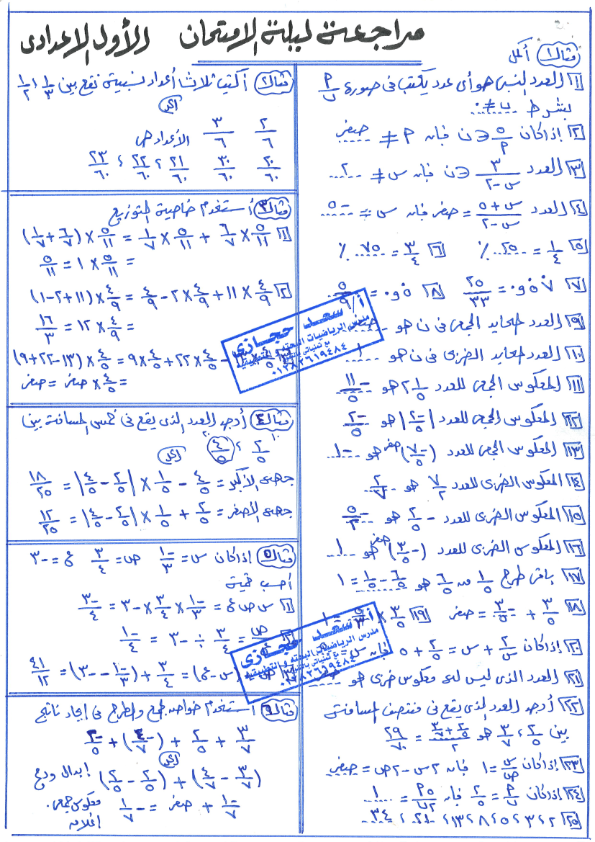 الخلاصه فى جبر الصف الاول الاعدادى مراجعه ليله الامتحان مستر/ سعد حجازى