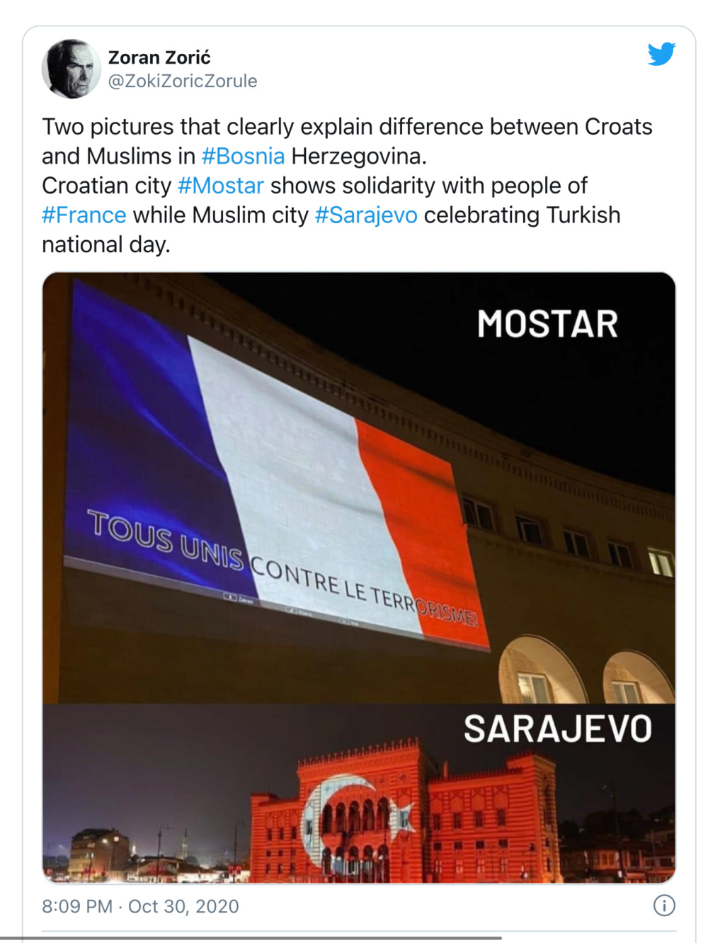 Hrvatski dom herceg Stjepan Kosača u Mostaru u bojama Francuske kao znak borbe protiv terorizma D190c410