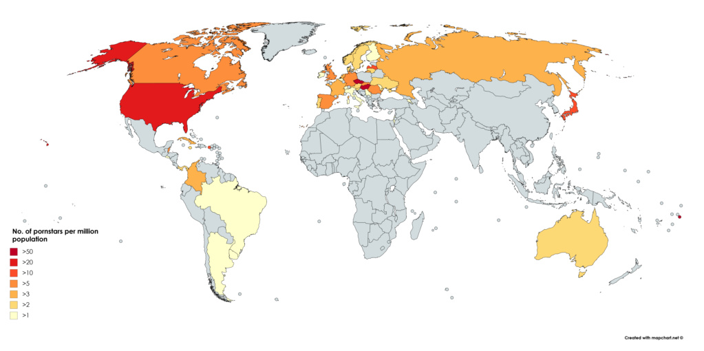 Количество порнозвезд на миллион населения (Карта) Number10