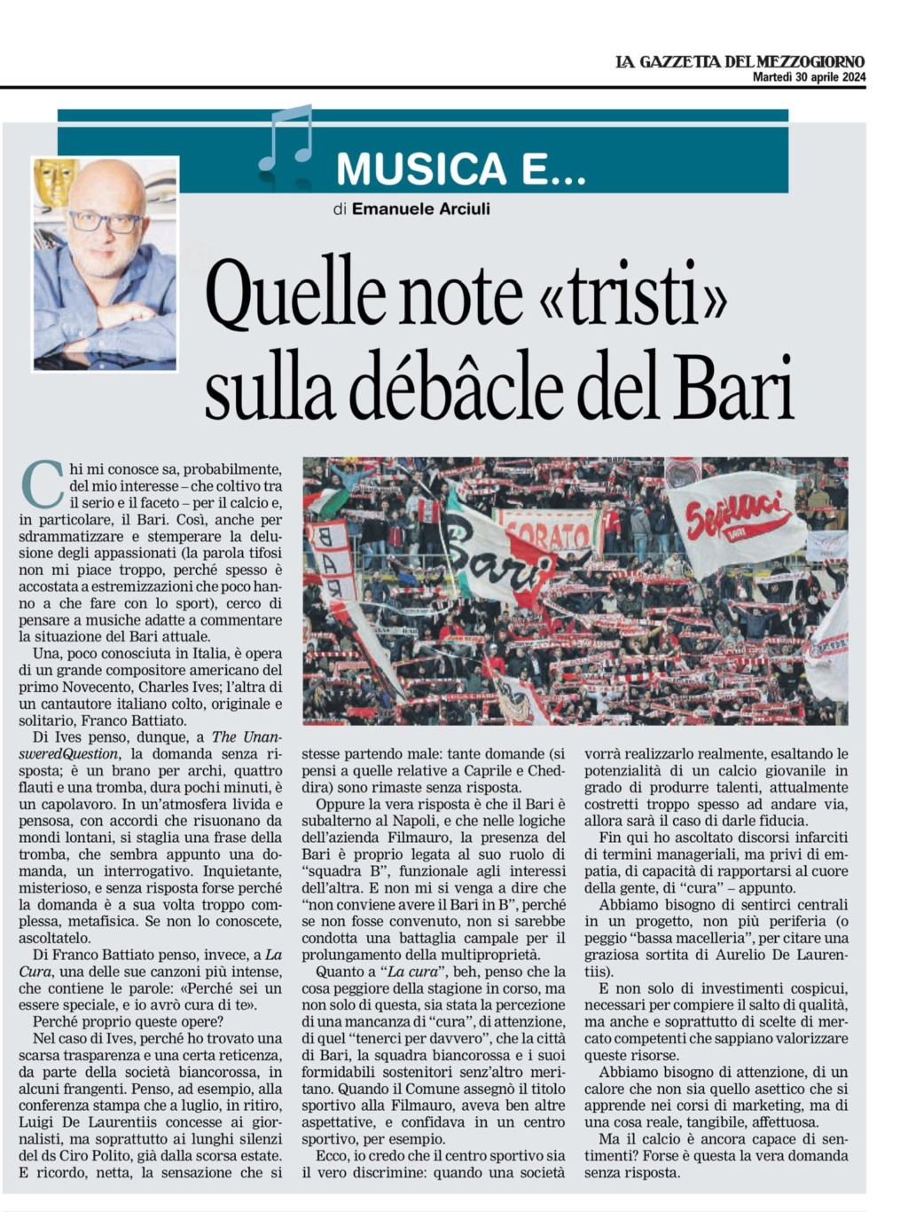30-4-24 Emanuele Arciuli scrive sulla GdM: quelle note tristi sulla debacle del Bari 43883310