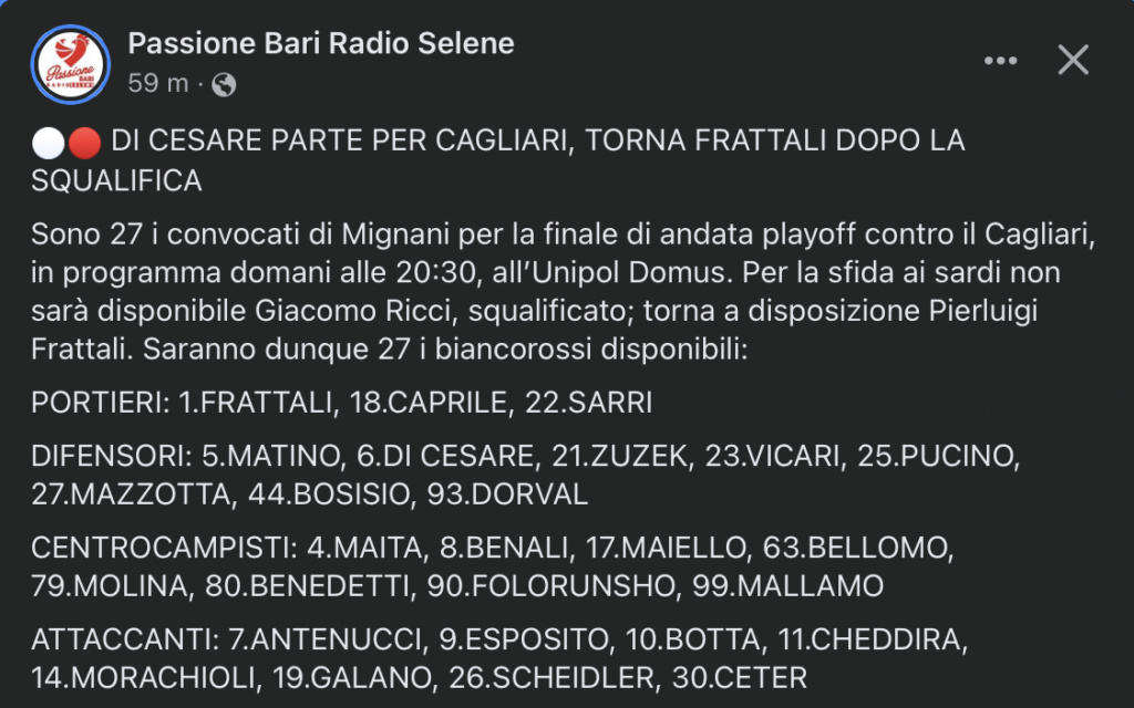 7-6-23 PassioneBariRadioSelene - i convocați per Cagliari  Scher122