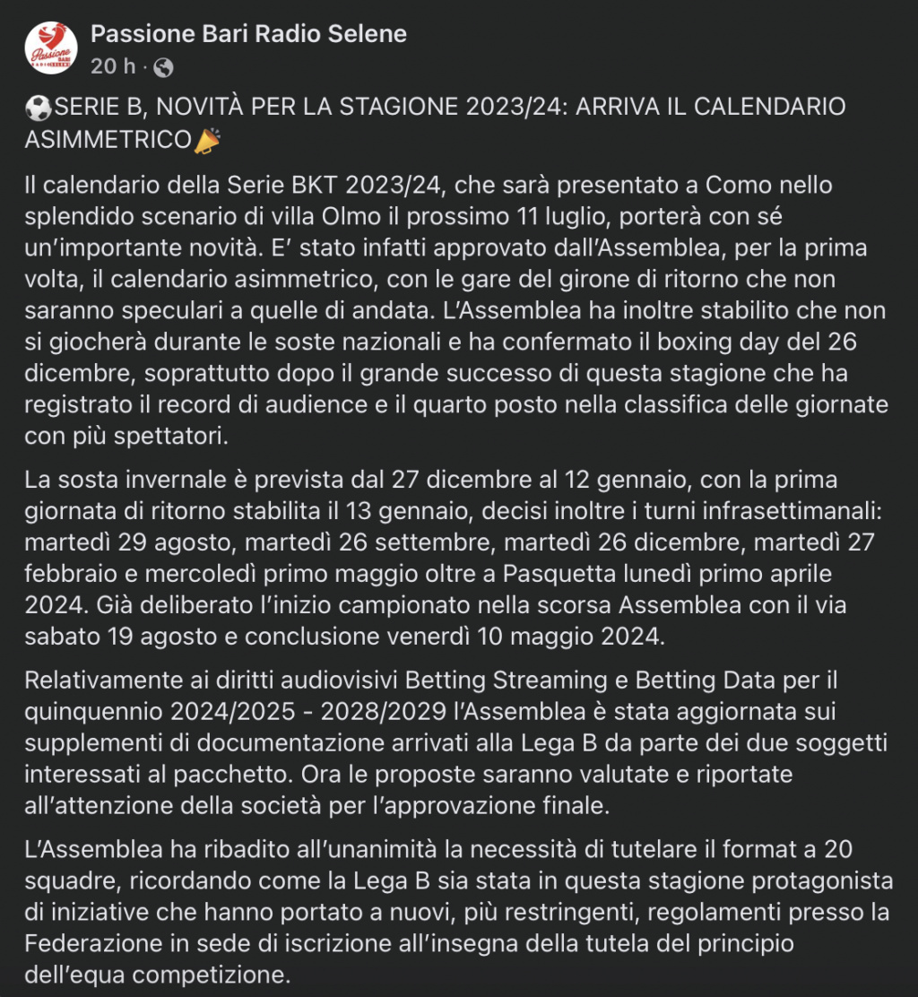24/6/2023 Serie B, novità della Lega: calendario asimmetrico. Scher144