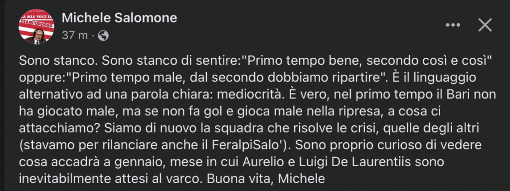 Michele Salomone commento Spezia 1 Bari 0 Scher326