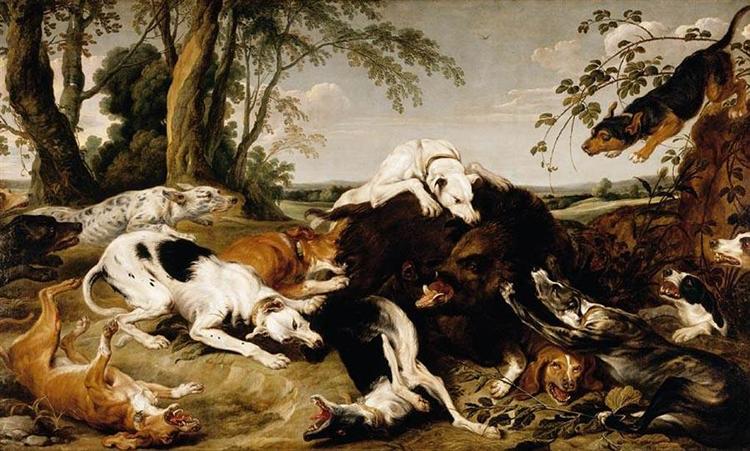 Hounds Bringing down a Boar (perros deborando a un jabalí) de Frans Snyders Hounds10