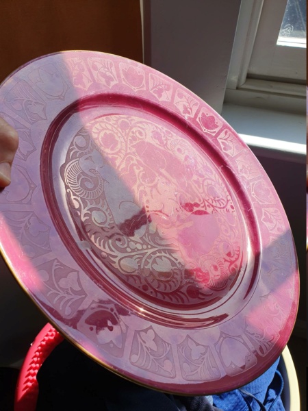 12 1/4 inch maroon gilded lustrous plate with rams or ibexes 20230516