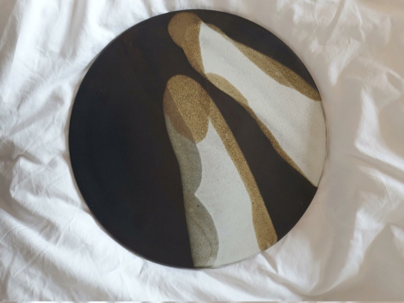 12 inch stoneware platter freely glazed in brown, grey and white TG GT mark 20230517