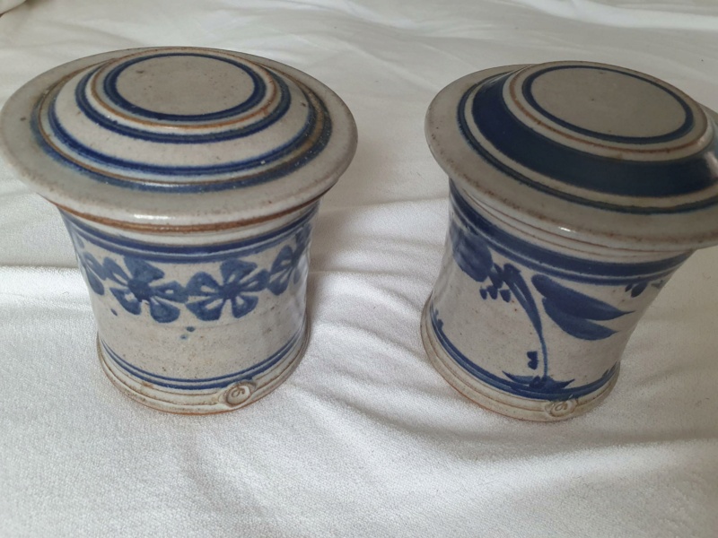 Two Soneware grey and blue flat-lidded pots - Derek Morris  20230711