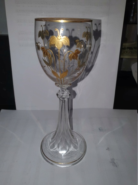 Flared base art nouveau glasses floral gilt decoration 18.5cm tall ?Moser? 20230815