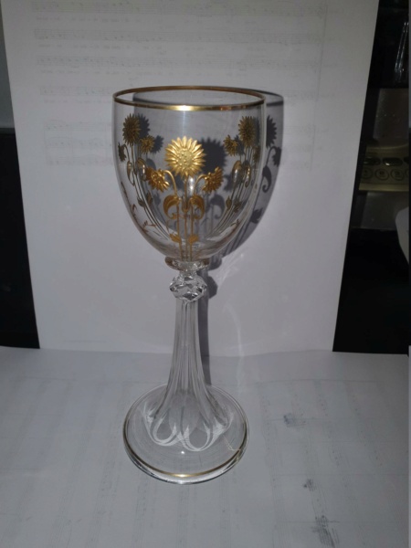 Flared base art nouveau glasses floral gilt decoration 18.5cm tall ?Moser? 20230818
