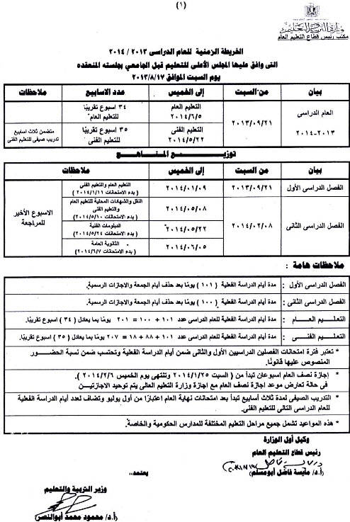 الخريطة الزمنية ومواعيد الدراسة والاجازات والامتحانات للعام الدراسى 2013/ 2014 1111