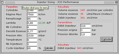 Logiciel de calcul de débit d'injecteur JCD Performance