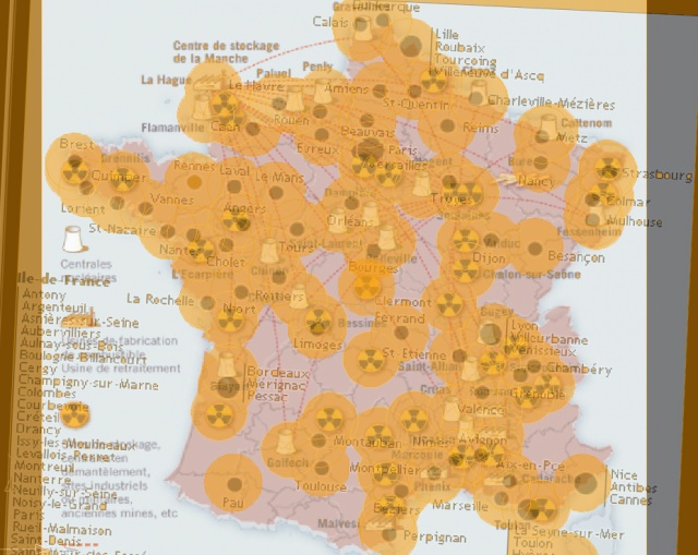 Cartes des sites nucléaires en France dispersion par les vents Impact15