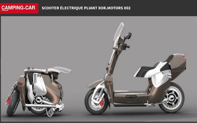  Scooter électrique pliant XOR.Motors X02 Publié le 30 sept. 2017 par Christophe Conche La marque XOR.Motors propose un scooter électrique pliant étonnant capable de se ranger dans une soute de camping-car. Sans4455
