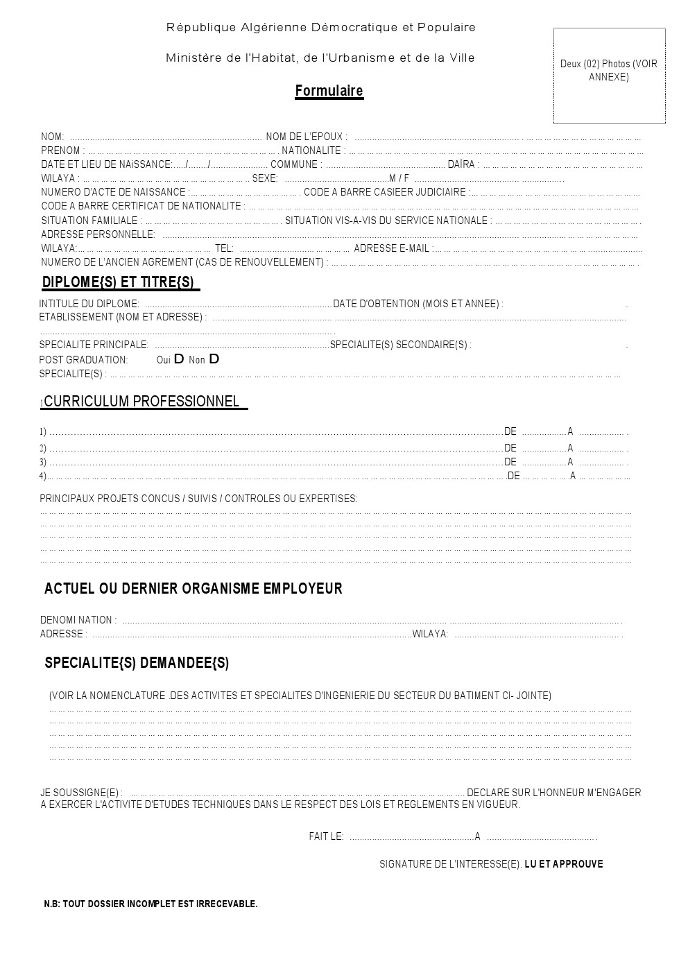 dossier de demande d’agrément Ingénieur (ALGERIE) 0001294