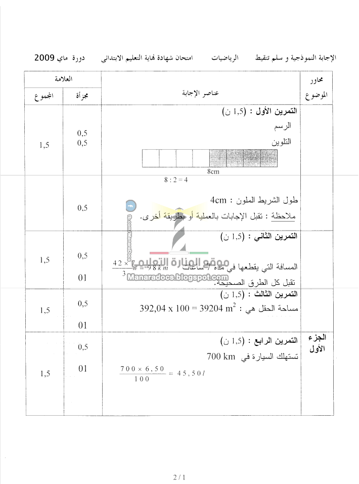 امتحان شهادة التعليم الابتدائي 2009 مع التصحيح Manara36