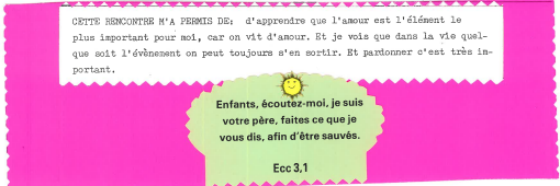 Michel blogue page de 18 À 27 "Sujet/Cette rencontre m'a permis de.../ Amour, souffrance et pardon/Après une rencontre avec des enfants/" Verset34