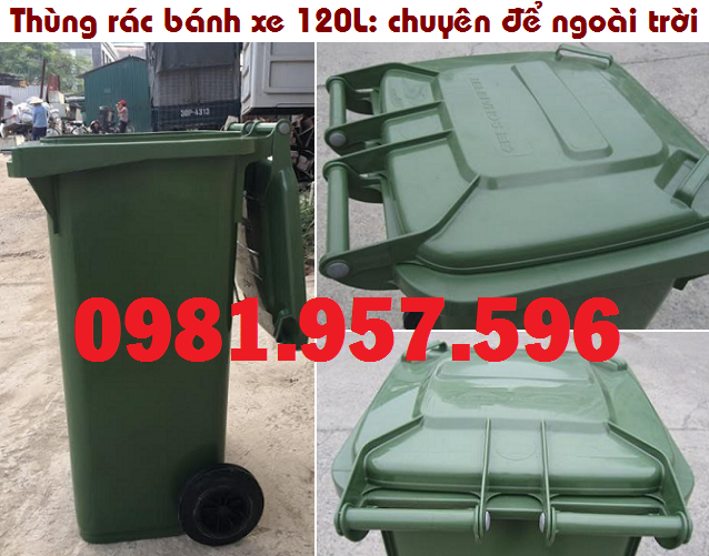 Thùng rác công nghiệp 2 bánh xe, thùng rác 120L ngoài trời, thùng rác nhựa HDPE 120L 110