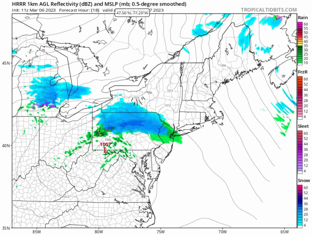 Minor snow event Monday night into Tuesday pre-dawn 3/7/2023 11z10