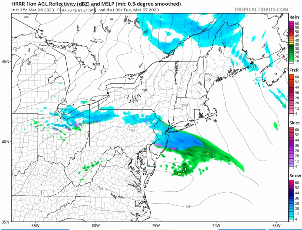 Minor snow event Monday night into Tuesday pre-dawn 3/7/2023 15z11