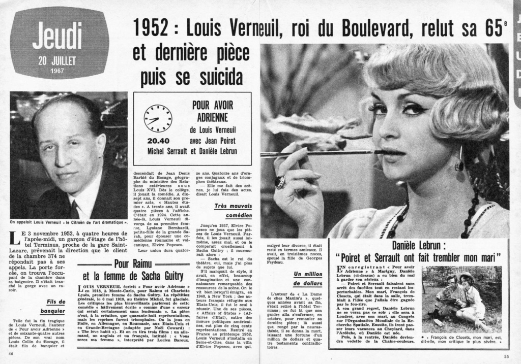 juillet - 20 juillet 1967: Au théâtre ce soir - POUR AVOIR ADRIENNE 1026