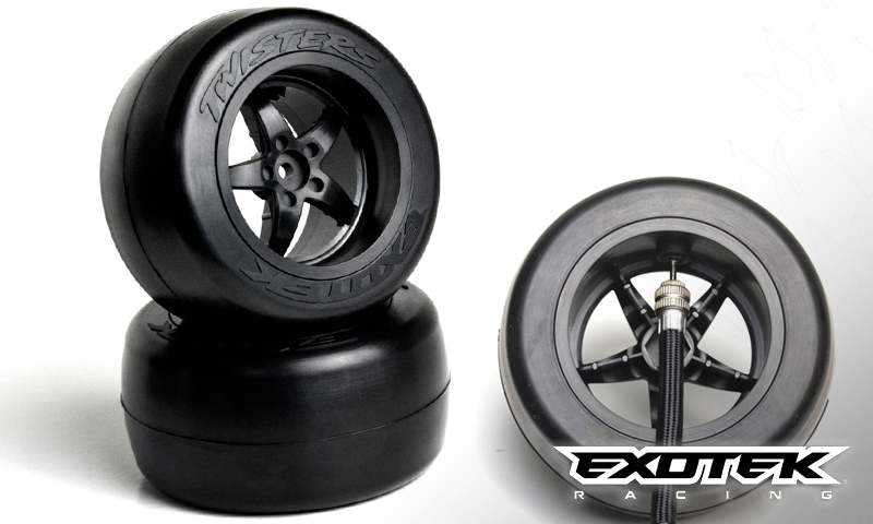 Exotek Racing TWISTER PRO DRAG TIRE AND WHEEL SET, 1 PAIR OF REAR BELTED TIRES, WHEELS AND AIR VALVES.