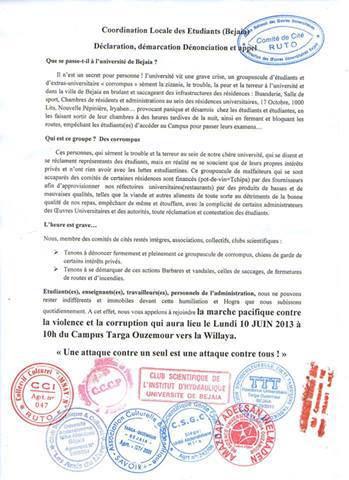 Collectif des étudiant(e)s de l’université de Bejaïa Démarcation, dénonciation et appel 143