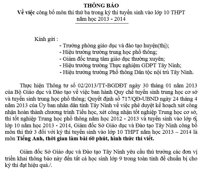 Tiếng Anh là môn thi thứ 3 vào lớp 10 THPT năm học 2013 – 2014 Tb10