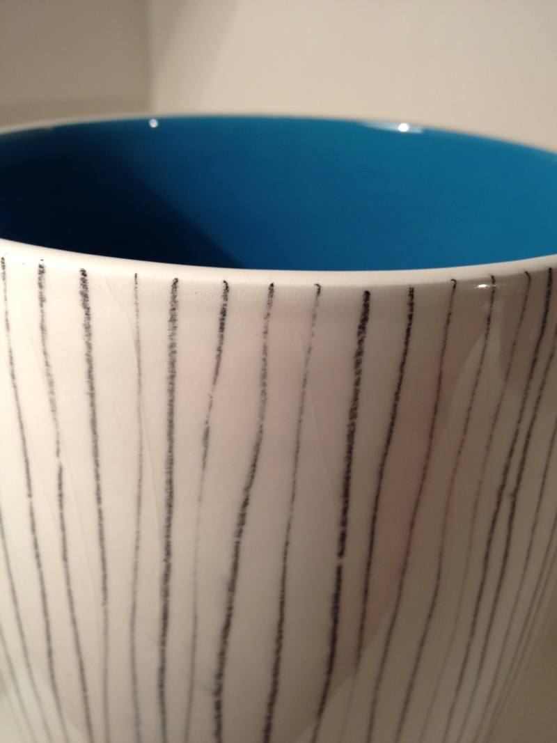 White striped vase with blue interior. Olaria de Alcobaca, Portugal 2013-079