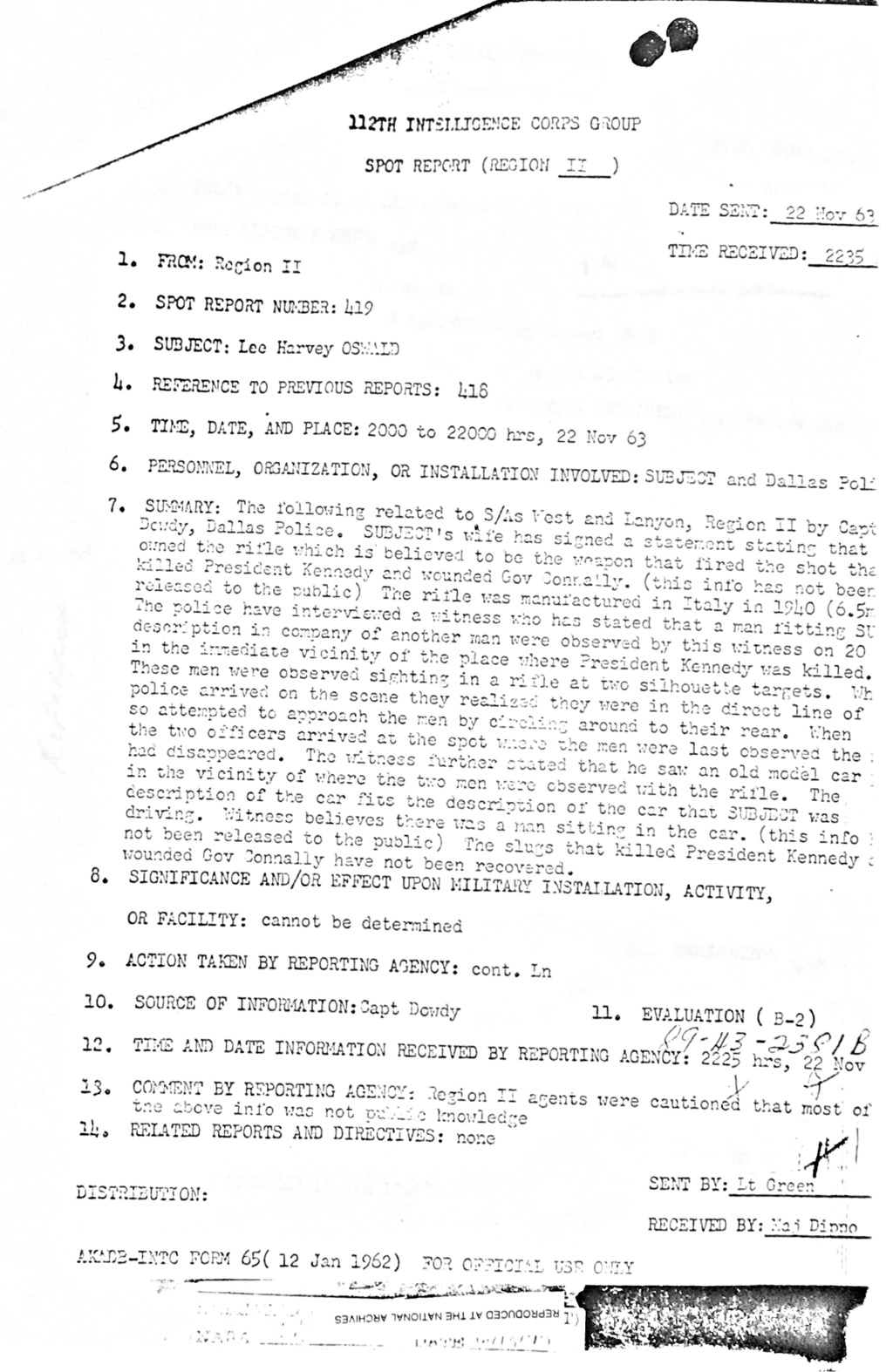 112th Intelligence Corps Group Spot Spot Report Nov 22 1963 2349e410