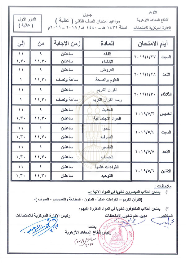 تعرفي علي جداول امتحانات النقل الإعدادى والثانوى الأزهرى للفصل الدراسى الثانى H10