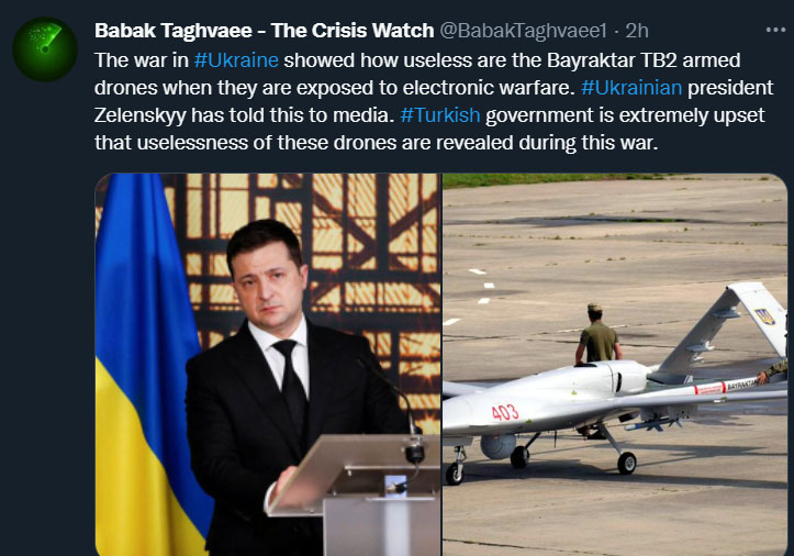 زيلنسكي: أظهرت الحرب في اوكرانيا عدم جدوى طائرات Bayraktar TB2 المسلحة بدون طيار عندما تتعرض للحرب الإلكترونية. 1233410
