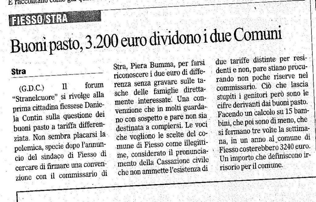 DAL GAZZETTINO ODIERNO, 07/11: BUONI PASTO, 3200 EURO DIVIDONO FIESSO E STRA. Buoni310